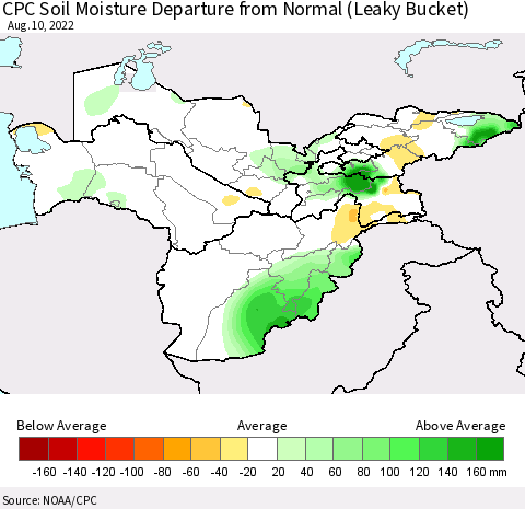 Central Asia CPC Soil Moisture Departure from Normal (Leaky Bucket) Thematic Map For 8/6/2022 - 8/10/2022