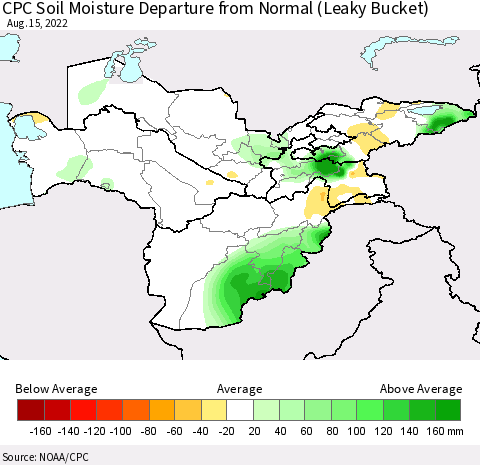 Central Asia CPC Soil Moisture Departure from Normal (Leaky Bucket) Thematic Map For 8/11/2022 - 8/15/2022