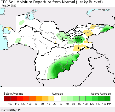 Central Asia CPC Soil Moisture Departure from Normal (Leaky Bucket) Thematic Map For 8/16/2022 - 8/20/2022