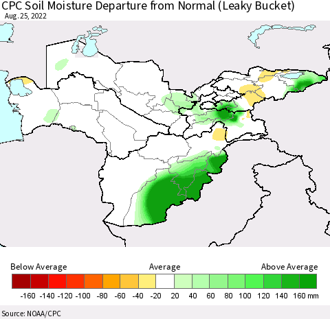 Central Asia CPC Soil Moisture Departure from Normal (Leaky Bucket) Thematic Map For 8/21/2022 - 8/25/2022