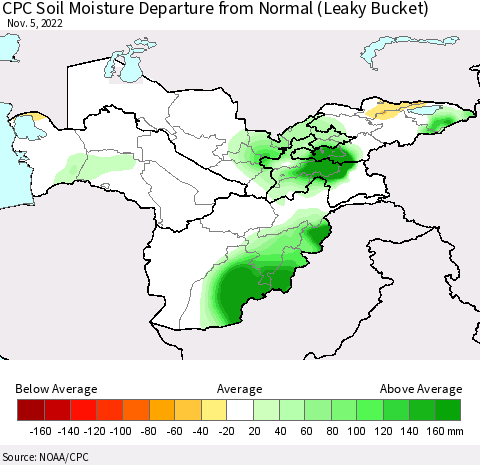 Central Asia CPC Soil Moisture Departure from Normal (Leaky Bucket) Thematic Map For 11/1/2022 - 11/5/2022