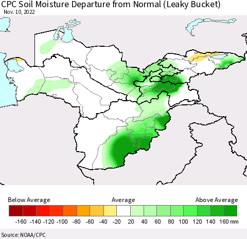 Central Asia CPC Soil Moisture Departure from Normal (Leaky Bucket) Thematic Map For 11/6/2022 - 11/10/2022
