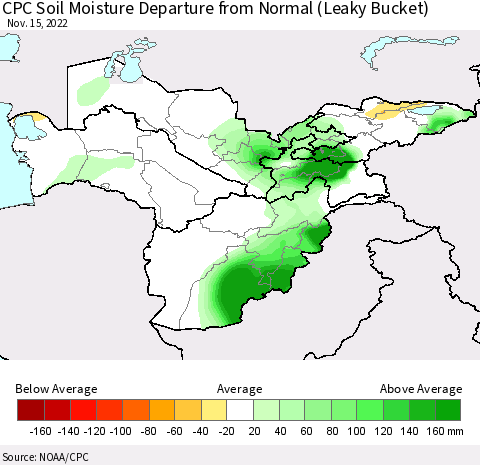 Central Asia CPC Soil Moisture Departure from Normal (Leaky Bucket) Thematic Map For 11/11/2022 - 11/15/2022