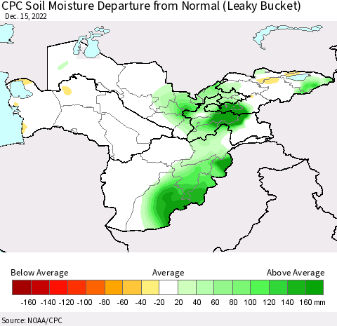 Central Asia CPC Soil Moisture Departure from Normal (Leaky Bucket) Thematic Map For 12/11/2022 - 12/15/2022