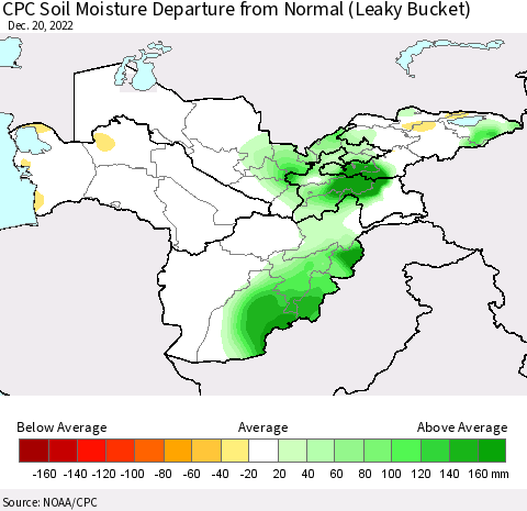 Central Asia CPC Soil Moisture Departure from Normal (Leaky Bucket) Thematic Map For 12/16/2022 - 12/20/2022