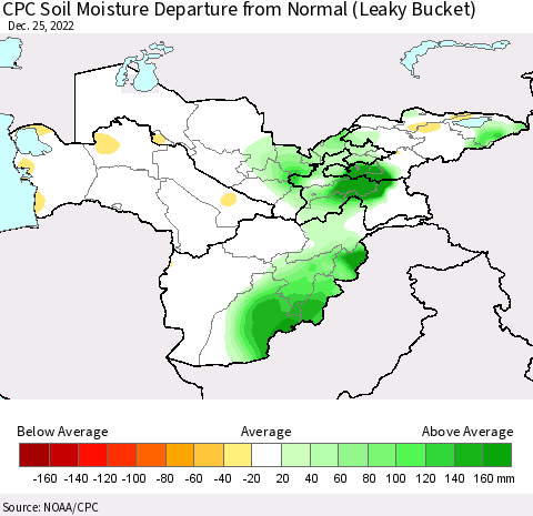Central Asia CPC Soil Moisture Departure from Normal (Leaky Bucket) Thematic Map For 12/21/2022 - 12/25/2022