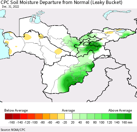 Central Asia CPC Soil Moisture Departure from Normal (Leaky Bucket) Thematic Map For 12/26/2022 - 12/31/2022