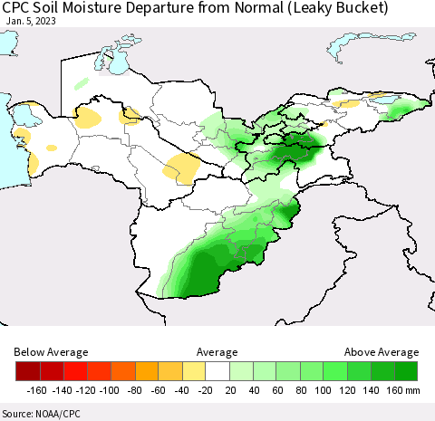 Central Asia CPC Soil Moisture Departure from Normal (Leaky Bucket) Thematic Map For 1/1/2023 - 1/5/2023