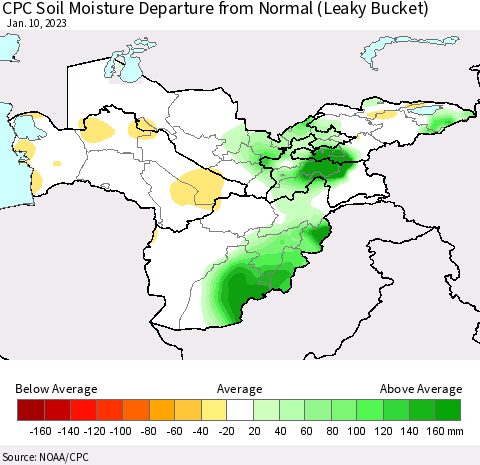 Central Asia CPC Soil Moisture Departure from Normal (Leaky Bucket) Thematic Map For 1/6/2023 - 1/10/2023