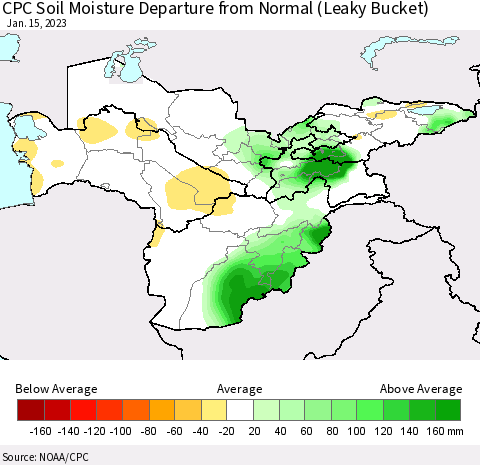 Central Asia CPC Soil Moisture Departure from Normal (Leaky Bucket) Thematic Map For 1/11/2023 - 1/15/2023