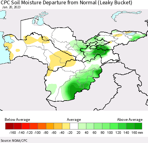 Central Asia CPC Soil Moisture Departure from Normal (Leaky Bucket) Thematic Map For 1/16/2023 - 1/20/2023