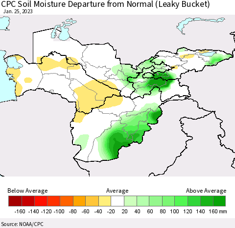 Central Asia CPC Soil Moisture Departure from Normal (Leaky Bucket) Thematic Map For 1/21/2023 - 1/25/2023