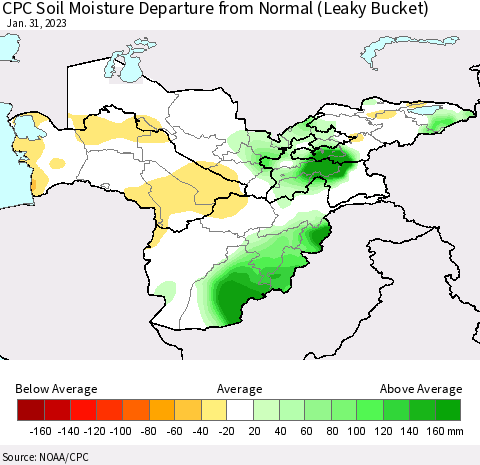 Central Asia CPC Soil Moisture Departure from Normal (Leaky Bucket) Thematic Map For 1/26/2023 - 1/31/2023