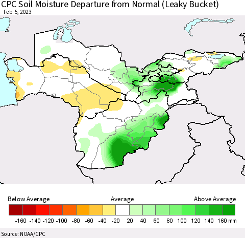 Central Asia CPC Soil Moisture Departure from Normal (Leaky Bucket) Thematic Map For 2/1/2023 - 2/5/2023
