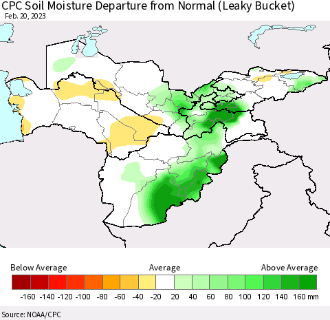 Central Asia CPC Soil Moisture Departure from Normal (Leaky Bucket) Thematic Map For 2/16/2023 - 2/20/2023