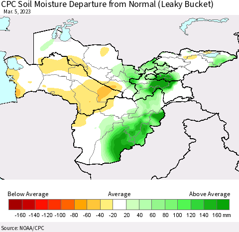 Central Asia CPC Soil Moisture Departure from Normal (Leaky Bucket) Thematic Map For 3/1/2023 - 3/5/2023