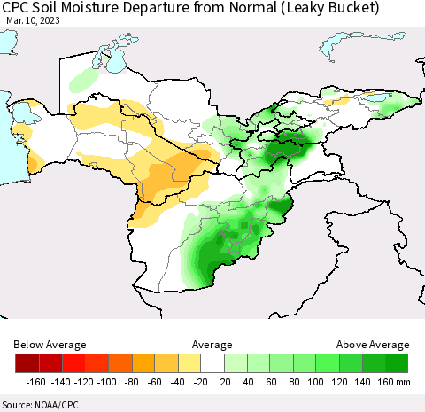 Central Asia CPC Soil Moisture Departure from Normal (Leaky Bucket) Thematic Map For 3/6/2023 - 3/10/2023