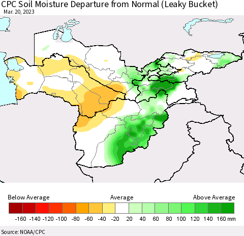 Central Asia CPC Soil Moisture Departure from Normal (Leaky Bucket) Thematic Map For 3/16/2023 - 3/20/2023