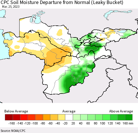 Central Asia CPC Soil Moisture Departure from Normal (Leaky Bucket) Thematic Map For 3/21/2023 - 3/25/2023