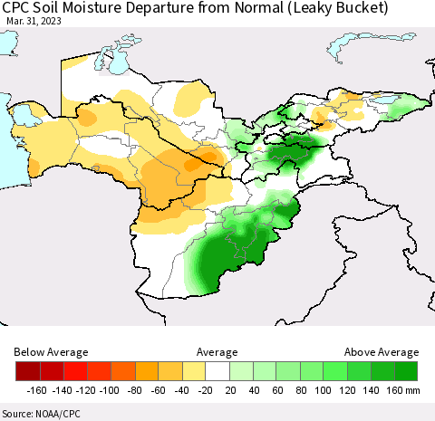 Central Asia CPC Soil Moisture Departure from Normal (Leaky Bucket) Thematic Map For 3/26/2023 - 3/31/2023