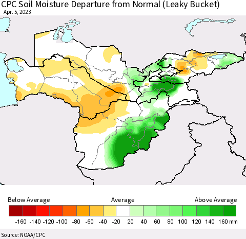 Central Asia CPC Soil Moisture Departure from Normal (Leaky Bucket) Thematic Map For 4/1/2023 - 4/5/2023