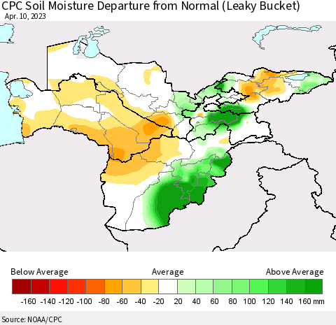 Central Asia CPC Soil Moisture Departure from Normal (Leaky Bucket) Thematic Map For 4/6/2023 - 4/10/2023
