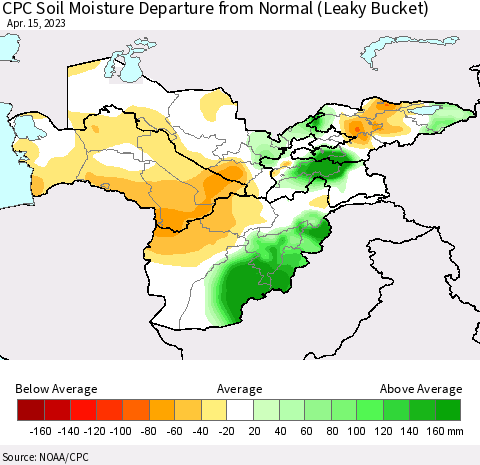 Central Asia CPC Soil Moisture Departure from Normal (Leaky Bucket) Thematic Map For 4/11/2023 - 4/15/2023