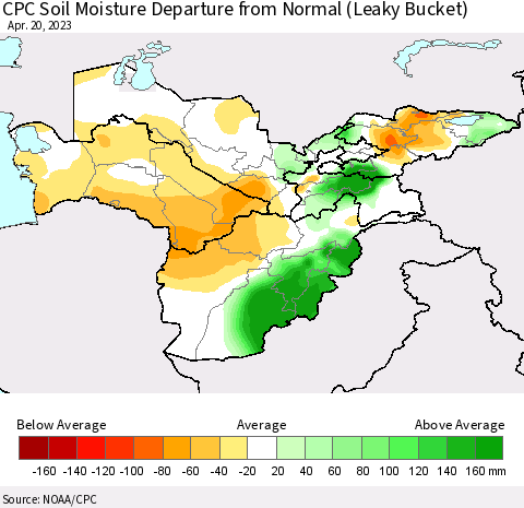 Central Asia CPC Soil Moisture Departure from Normal (Leaky Bucket) Thematic Map For 4/16/2023 - 4/20/2023