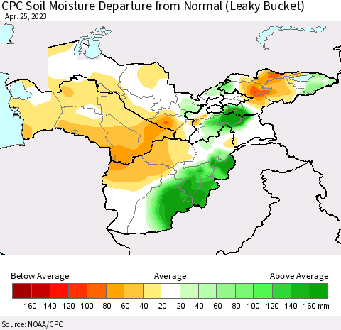 Central Asia CPC Soil Moisture Departure from Normal (Leaky Bucket) Thematic Map For 4/21/2023 - 4/25/2023