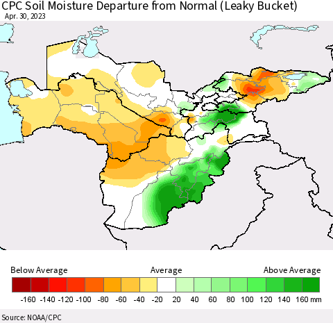 Central Asia CPC Soil Moisture Departure from Normal (Leaky Bucket) Thematic Map For 4/26/2023 - 4/30/2023