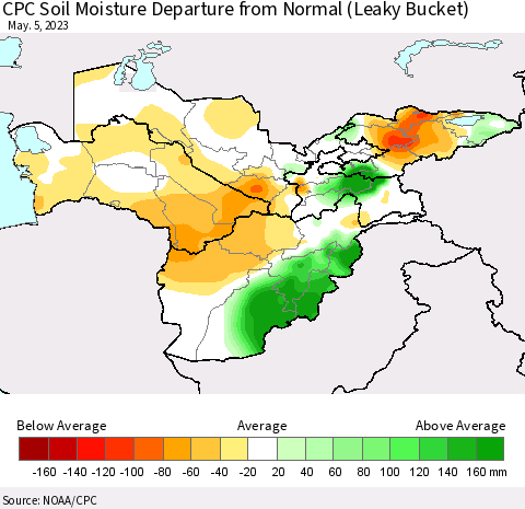 Central Asia CPC Soil Moisture Departure from Normal (Leaky Bucket) Thematic Map For 5/1/2023 - 5/5/2023