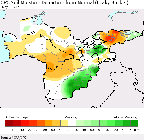 Central Asia CPC Soil Moisture Departure from Normal (Leaky Bucket) Thematic Map For 5/11/2023 - 5/15/2023
