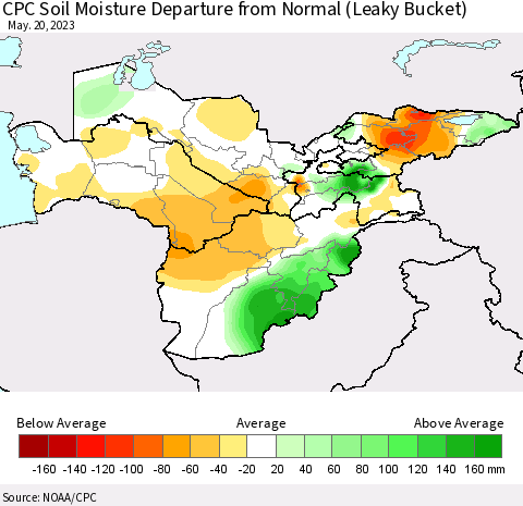 Central Asia CPC Soil Moisture Departure from Normal (Leaky Bucket) Thematic Map For 5/16/2023 - 5/20/2023