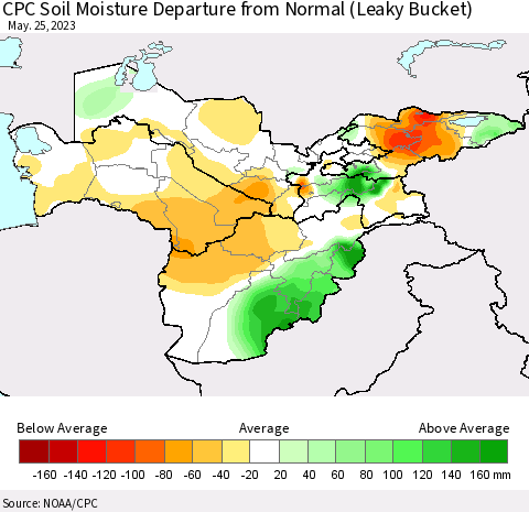 Central Asia CPC Soil Moisture Departure from Normal (Leaky Bucket) Thematic Map For 5/21/2023 - 5/25/2023