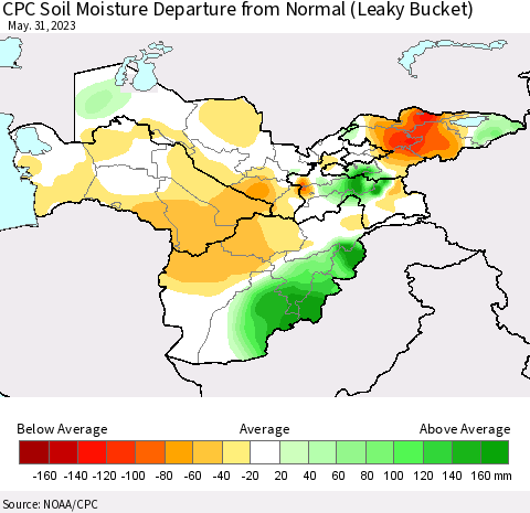 Central Asia CPC Soil Moisture Departure from Normal (Leaky Bucket) Thematic Map For 5/26/2023 - 5/31/2023