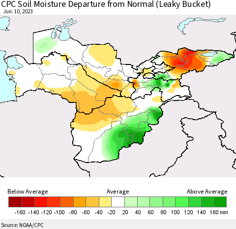 Central Asia CPC Soil Moisture Departure from Normal (Leaky Bucket) Thematic Map For 6/6/2023 - 6/10/2023