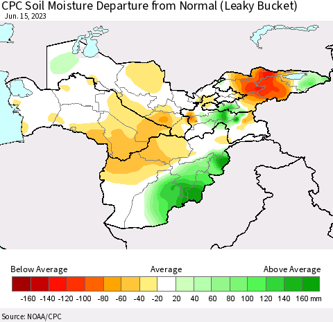 Central Asia CPC Soil Moisture Departure from Normal (Leaky Bucket) Thematic Map For 6/11/2023 - 6/15/2023