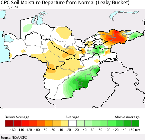 Central Asia CPC Soil Moisture Departure from Normal (Leaky Bucket) Thematic Map For 7/1/2023 - 7/5/2023