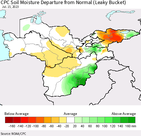 Central Asia CPC Soil Moisture Departure from Normal (Leaky Bucket) Thematic Map For 7/11/2023 - 7/15/2023