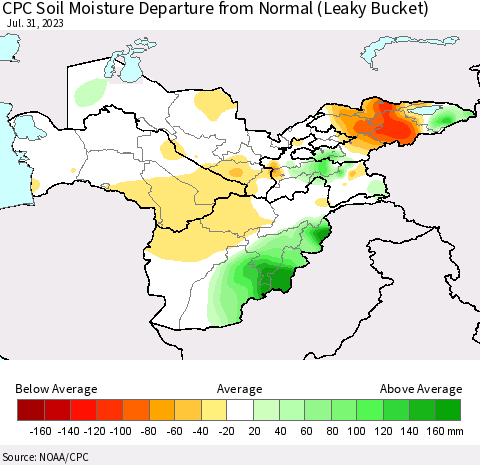 Central Asia CPC Soil Moisture Departure from Normal (Leaky Bucket) Thematic Map For 7/26/2023 - 7/31/2023