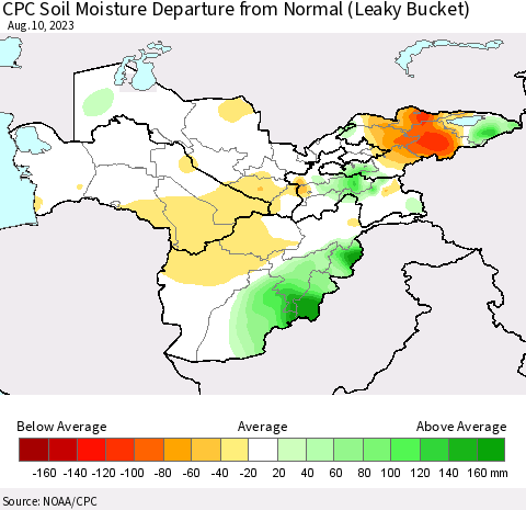 Central Asia CPC Soil Moisture Departure from Normal (Leaky Bucket) Thematic Map For 8/6/2023 - 8/10/2023