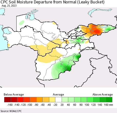 Central Asia CPC Soil Moisture Departure from Normal (Leaky Bucket) Thematic Map For 8/21/2023 - 8/25/2023