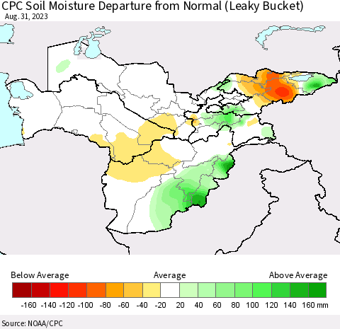 Central Asia CPC Soil Moisture Departure from Normal (Leaky Bucket) Thematic Map For 8/26/2023 - 8/31/2023