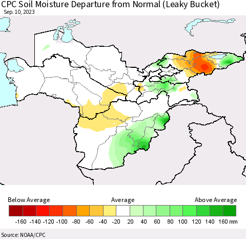Central Asia CPC Soil Moisture Departure from Normal (Leaky Bucket) Thematic Map For 9/6/2023 - 9/10/2023