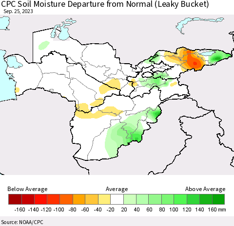 Central Asia CPC Soil Moisture Departure from Normal (Leaky Bucket) Thematic Map For 9/21/2023 - 9/25/2023