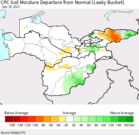 Central Asia CPC Soil Moisture Departure from Normal (Leaky Bucket) Thematic Map For 9/26/2023 - 9/30/2023