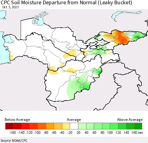 Central Asia CPC Soil Moisture Departure from Normal (Leaky Bucket) Thematic Map For 10/1/2023 - 10/5/2023