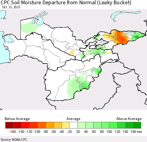 Central Asia CPC Soil Moisture Departure from Normal (Leaky Bucket) Thematic Map For 10/11/2023 - 10/15/2023