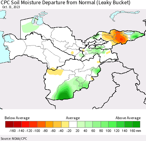Central Asia CPC Soil Moisture Departure from Normal (Leaky Bucket) Thematic Map For 10/26/2023 - 10/31/2023