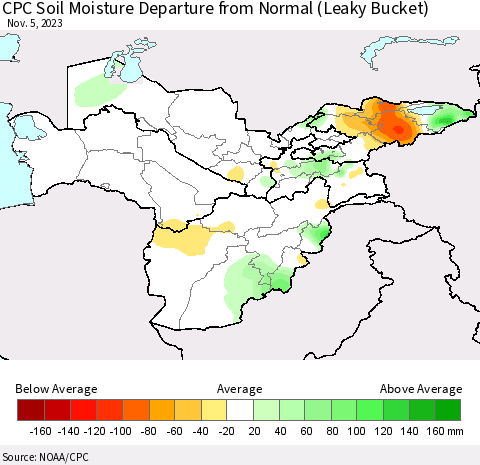 Central Asia CPC Soil Moisture Departure from Normal (Leaky Bucket) Thematic Map For 11/1/2023 - 11/5/2023